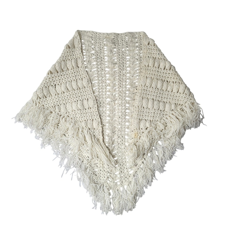 Vintage Hand Crochet Triangle Shawl Wrap White Fringe Granny Cottagecore Boho